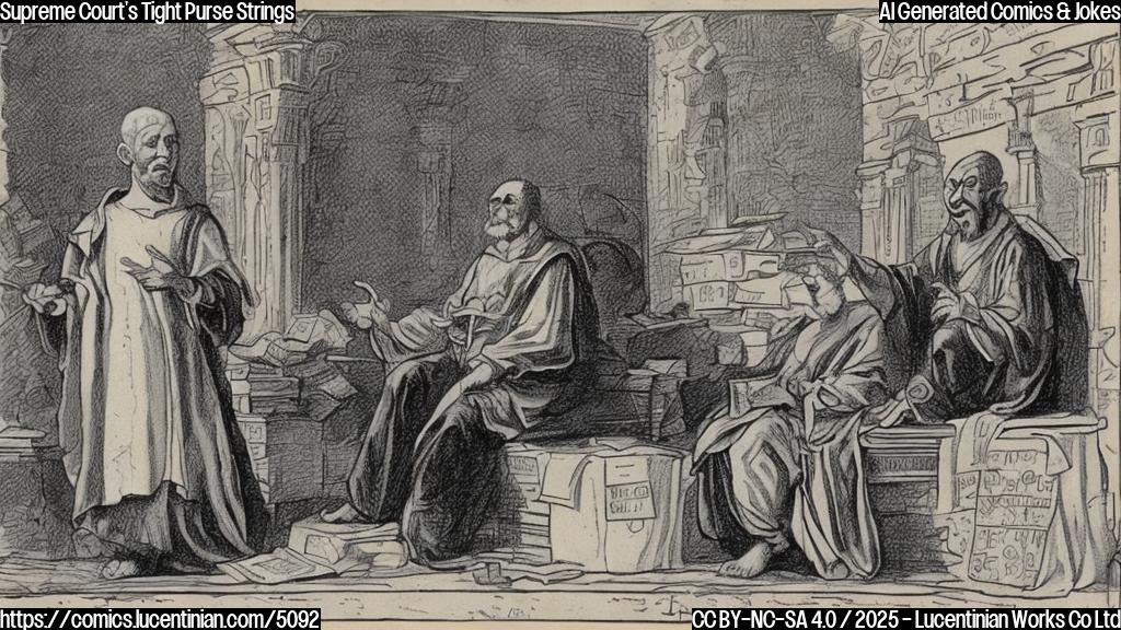 A cartoon drawing in a plain color style, showing a stern-faced judge in a robe sitting on a large pile of money, a shivering person in rags and holding a small empty sack, and an arrow pointing from the judge to the poor person with a label "Foreign Aid".