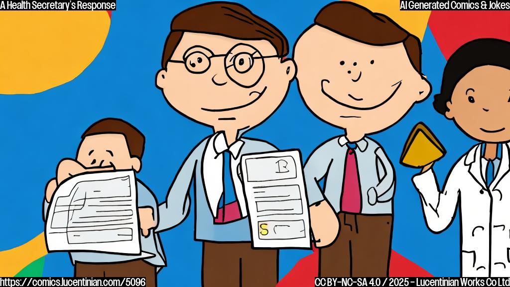 A cartoon of a teacher holding a report card with a low grade, next to a cartoon of a health secretary looking concerned and shrugging. Both characters should be simple, using only primary colors. The style should be plain color cartoon.