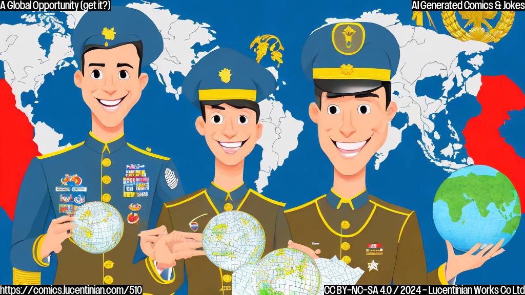 Draw a cartoon of a US military officer with a globe in one hand and a friend holding a briefcase, both smiling and standing next to a map with Russia and North Korea marked.