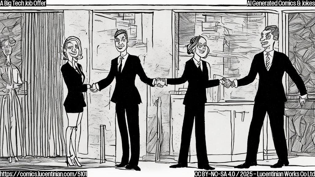 A cartoon drawing in plain colors of a woman in a business suit shaking hands with a man in a suit. The background should be an office setting. The woman has an amused expression while the man points toward the distance.