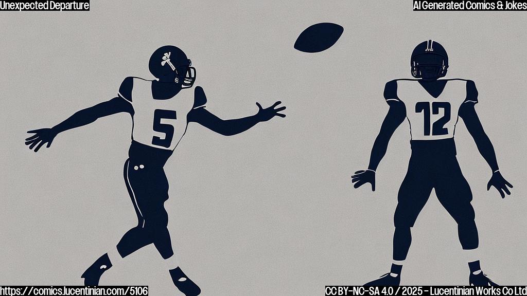 A simple cartoon drawing of a football player in a plain jersey looking sadly at a door; the door is slightly ajar, and behind it, there is a silhouette of an empty football stadium.  Use only solid colors, no gradients. The overall tone should be blue and grey.