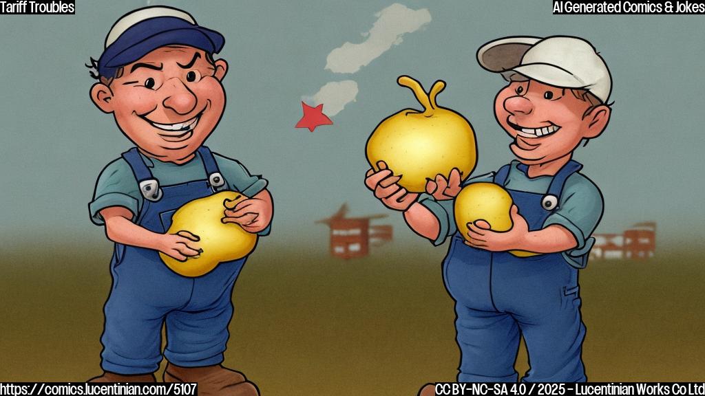 A simple cartoon drawing of a farmer in overalls holding a potato, smiling broadly.  The potato is oversized and features a small, cartoonish American flag. The background is a plain light blue.