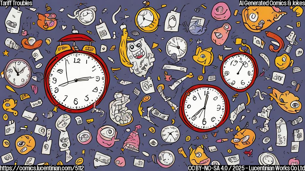 A simple cartoon drawing of a clock with a sad face, surrounded by small cartoon drawings of various products, all in plain color style.