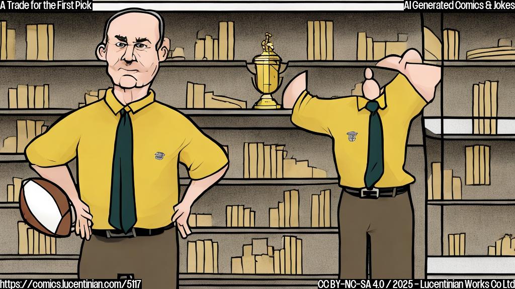 A simple cartoon of a football coach, wearing a simple brown suit and a stern look on his face, standing next to an overflowing trophy case.  The background is plain yellow. The style is simple and flat color.