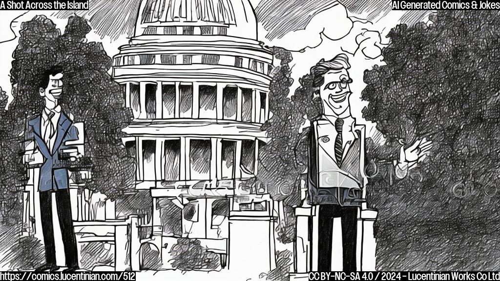 Draw a cartoon of a person with a briefcase and a ladder standing in front of the White House, with a surprised expression on their face. The background should be a clear blue sky with a few white clouds.
