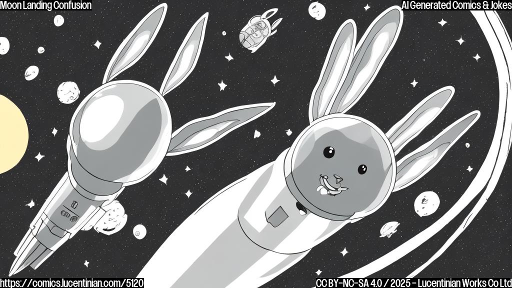 A simple cartoon of a spacecraft with bunny ears hopping awkwardly in outer space, against a plain black background. The spacecraft is a light gray color, and the bunny ears are pink.  The style is simple, with minimal detail.