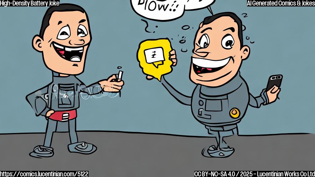 A cartoon drawing in a plain color style showing an iPhone with a large battery inside, smiling proudly, with a speech bubble saying "I'm dense about my power!"