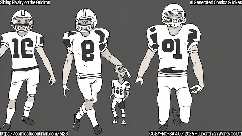 A simple cartoon drawing of two football players in plain colors. One is slightly taller and older looking than the other.  They are both wearing the same team uniform but with different numbers.  The older player has a slightly grumpy expression, while the younger player is grinning confidently.  The background is a plain light color.  The style should be simple and reminiscent of a children’s book illustration.