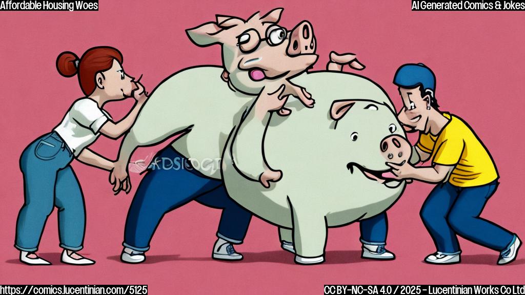 A cartoon of a person in a plain white shirt and blue jeans desperately trying to grab a cartoon pig that is slick with grease, set against a plain light beige background. The pig is light pink and has a mischievous grin.