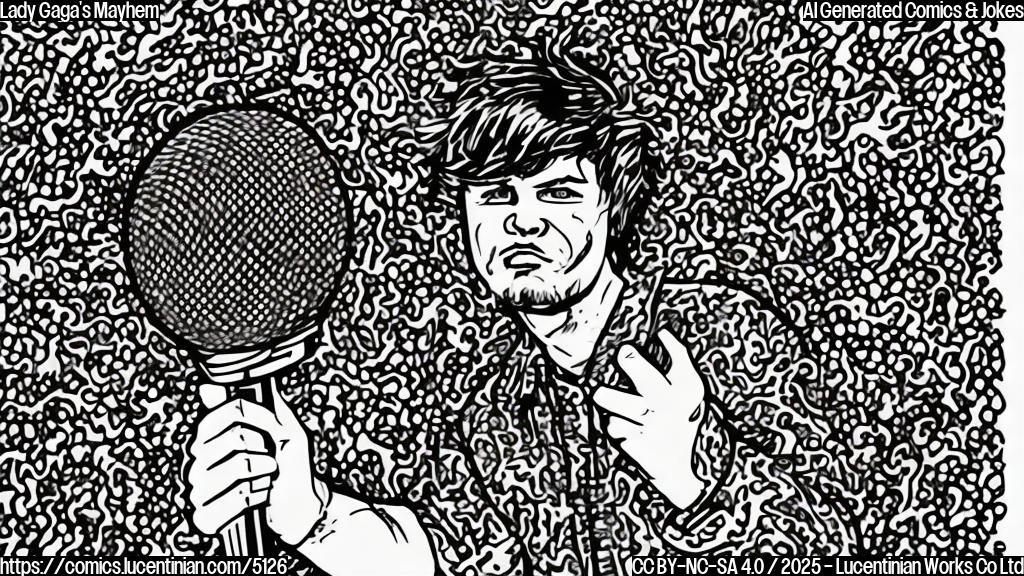 A simple cartoon drawing in plain colors of a pop star with outlandish hair and clothing holding a microphone and looking wildly around, surrounded by swirling chaos. The background is a simple plain colour.