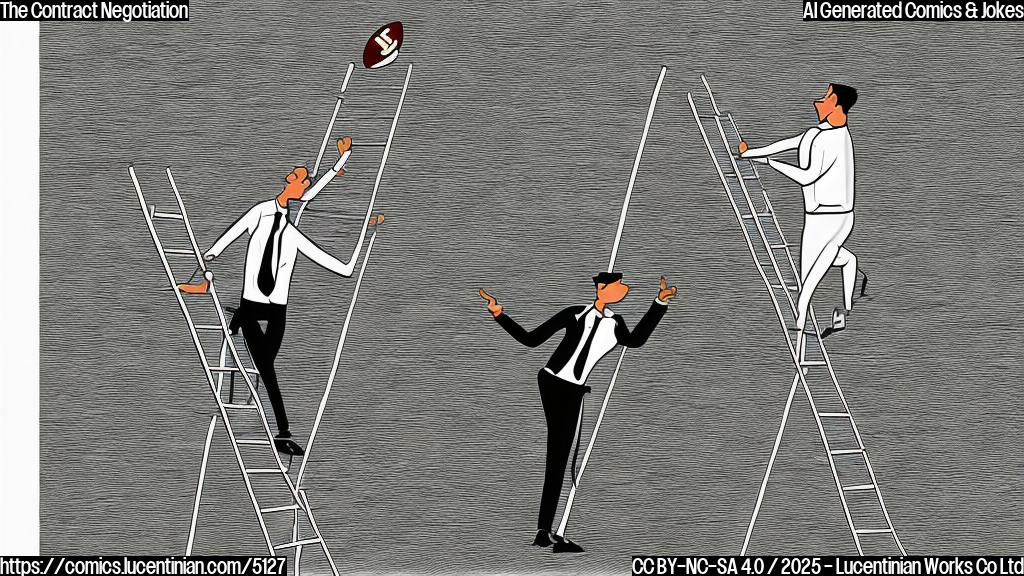 A cartoon of a football player's agent, wearing a suit, using a ladder to reach a giant contract number written on a whiteboard.  Simple line drawing, solid colors, no background.