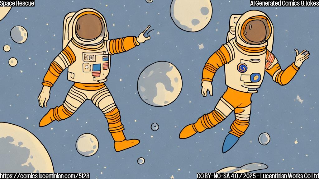 A cartoon of an astronaut in a simple orange spacesuit shaking their head "no" while a small, sleek spaceship with a prominent price tag flies past them.  Use simple, flat colors like orange, blue and white. Background is plain black.