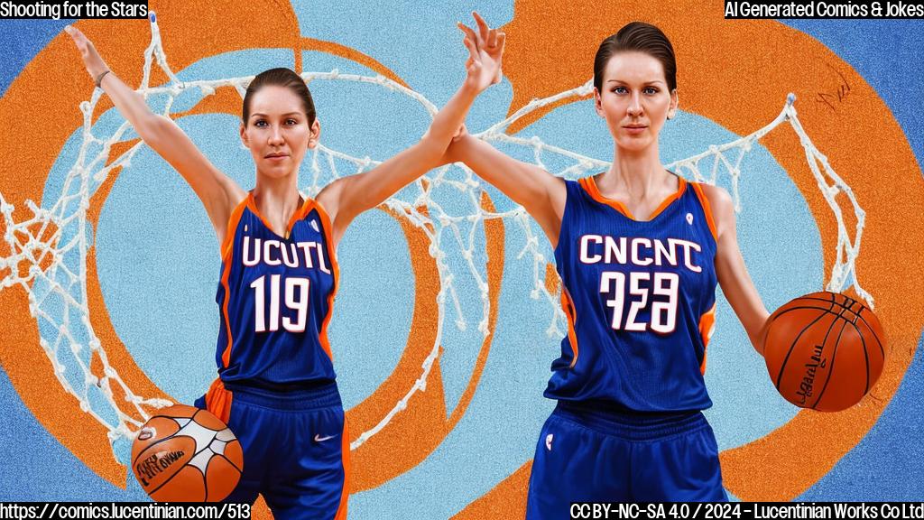 A tall, slender woman with short brown hair and a determined expression stands on a basketball court, surrounded by hoop-shaped goals. She is wearing a Connecticut Sun jersey and holding a basketball. Her arms are outstretched as if she's shooting the ball, but it's falling short of the rim. The background is a gradient of blue and orange colors, with a subtle texture resembling a basketball court.