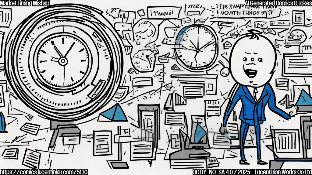 A simple cartoon drawing in plain colors of a frustrated person in a suit, surrounded by graphs going up and down erratically, with a speech bubble saying "It's about time!".