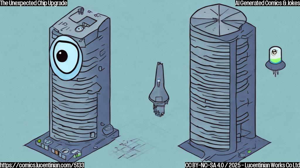 A simple cartoon drawing of a computer tower with a surprised expression on its face, eyes wide open, and a tiny chip upgrading itself inside. The tower should be a plain light blue color and the chip a bright green color