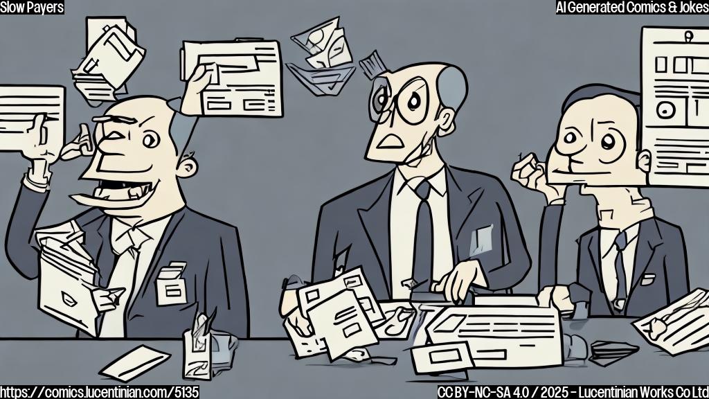 A cartoon drawing in plain colors of a person with a suit and a briefcase, looking stressed and sweating profusely; a large bill labeled "Overdue" floating over his head, and a credit card with a low credit score;  the whole scene in a simple, flat style, suitable for a humorous illustration.