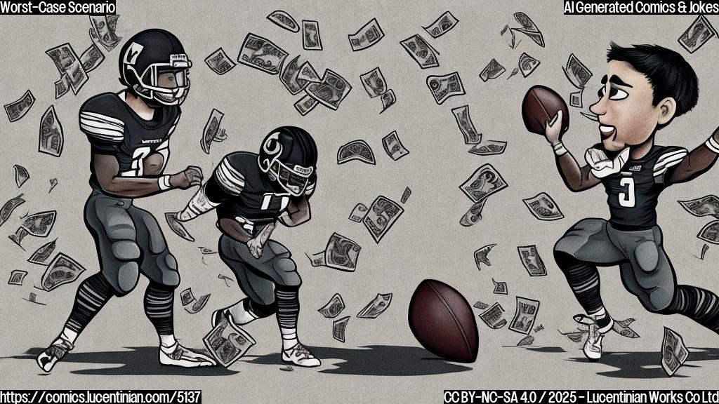 A cartoon drawing in a plain color style of a football player with a sad expression, looking at the ground, surrounded by dollar signs. The background color should be gray.