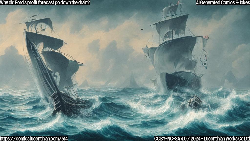 A smiling, blue-colored car (Ford) with a surprised expression, holding an anchor (representing stability or predictability) in one hand and a sinking ship (symbolizing financial struggles) in the other. The background should be a blurred, turbulent ocean with waves crashing against the shore.