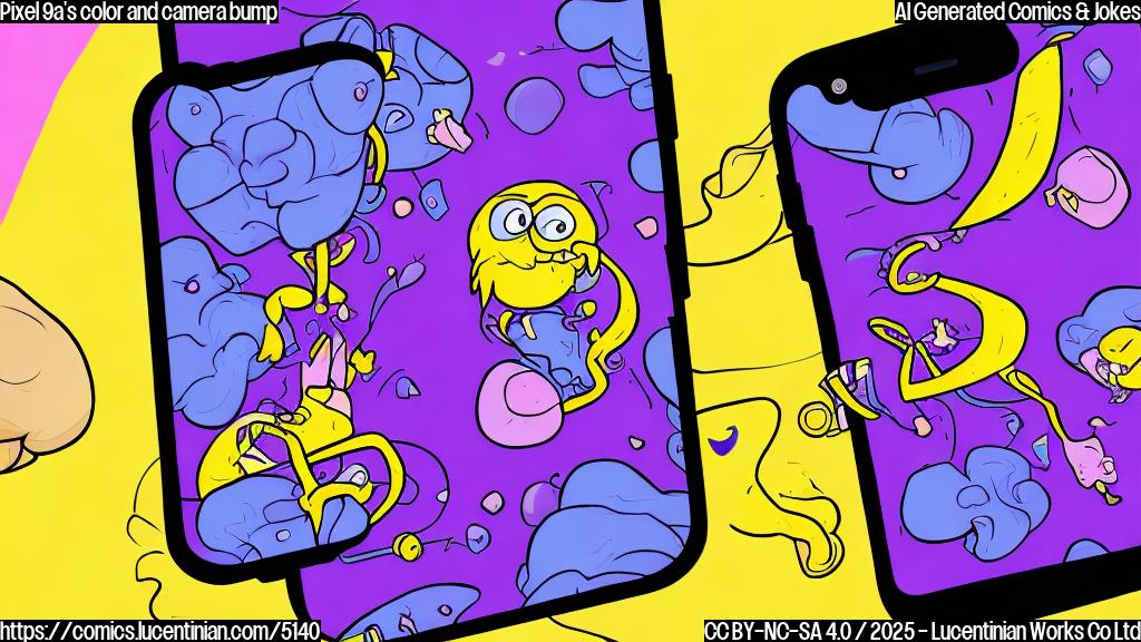 A cartoon illustration in a flat style with solid colors. A smartphone in a vibrant purple color is shown, and next to it is a tiny cartoon camera bump with a playful expression on a light yellow background.