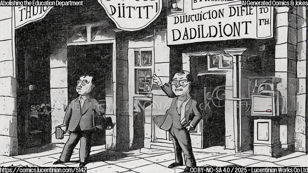 A plain color cartoon of a politician character with a briefcase and a serious expression looking at a building with "Education Department" written above the entrance and the words "Abolish this" above it in a speech bubble.