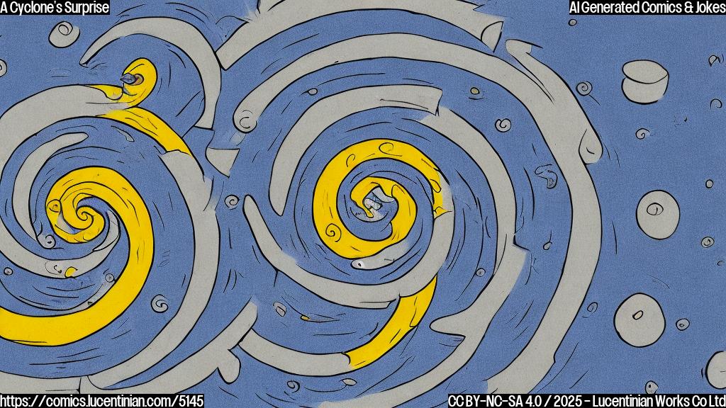 A simple cartoon drawing of a swirling grey and blue cyclone character carrying a small wooden ladder in one of its spirals. The cyclone has friendly cartoon eyes and a smiling expression. It's standing on a simple yellow beach. Flat color style.