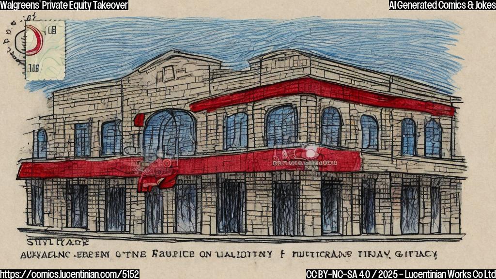 A cartoon drawing of a sad-looking pharmacy building wearing a suit and tie, with a red “PRIVATE” stamp on its front. Style: simple, plain colors.