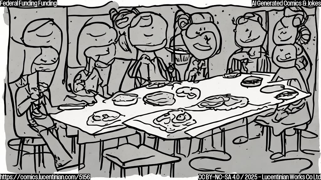 A simple cartoon drawing of a plain yellow background, a table with various baked goods (cupcakes, cookies, pies) on it, and a group of stick figures dressed in school attire looking hopefully at the table