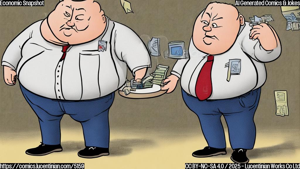 A cartoon drawing in a plain color style showing an overweight man wearing an ill-fitting suit and holding a large, empty pie tin in one hand and a calculator in the other. The man looks sad and dejected. The background should be simple, perhaps a pale yellow color.