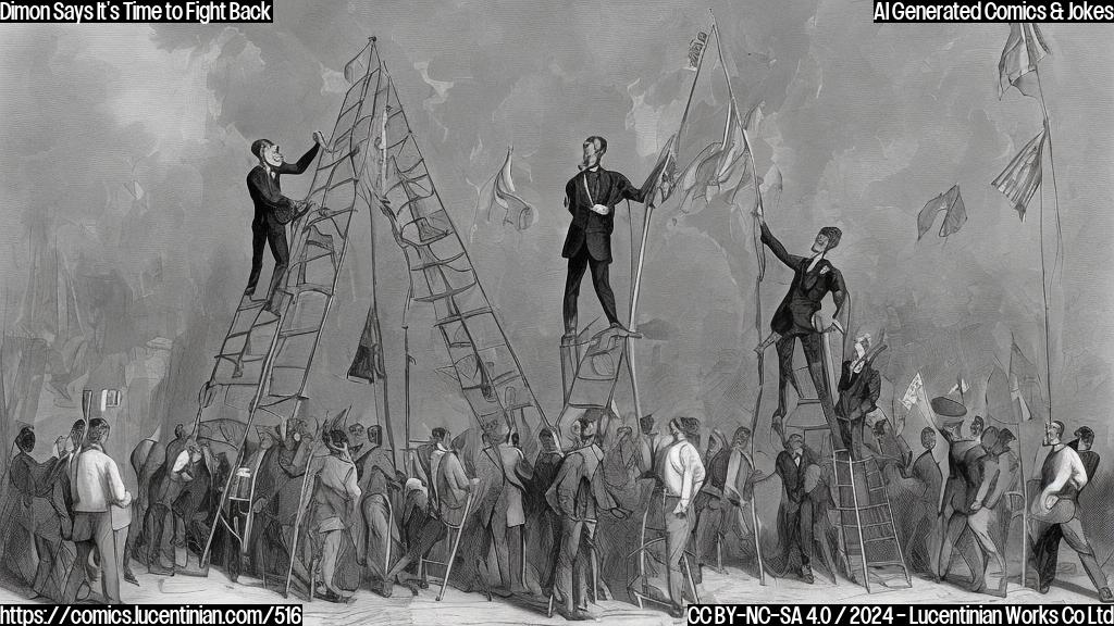 A cartoon style image of a determined-looking man in a suit standing on a ladder, with a confident expression and a "resistance" flag waving in the background, while a group of stern-looking regulators look on from below.