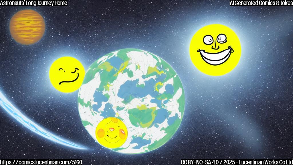 A cartoon drawing of a spaceship with a smiling sun and a happy Earth planet in the background, both in a plain yellow color. The spaceship is also yellow.