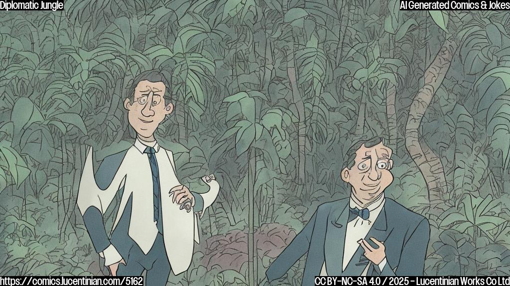 A simple cartoon drawing in a single muted color (like a dark teal) of a diplomat, wearing a formal suit and tie, looking embarrassed and blushing intensely.  He is standing awkwardly in a jungle scene with oversimplified cartoon palm trees and vines. In the background, a barely-visible drawing of a world map is distorted.