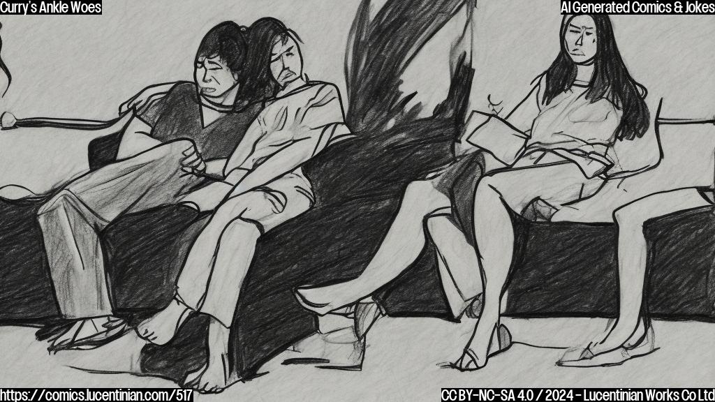Drawing of a person with a bandaged ankle, sitting on a therapist's couch, looking confused. The therapist is standing next to them, holding a clipboard and wearing a concerned expression.