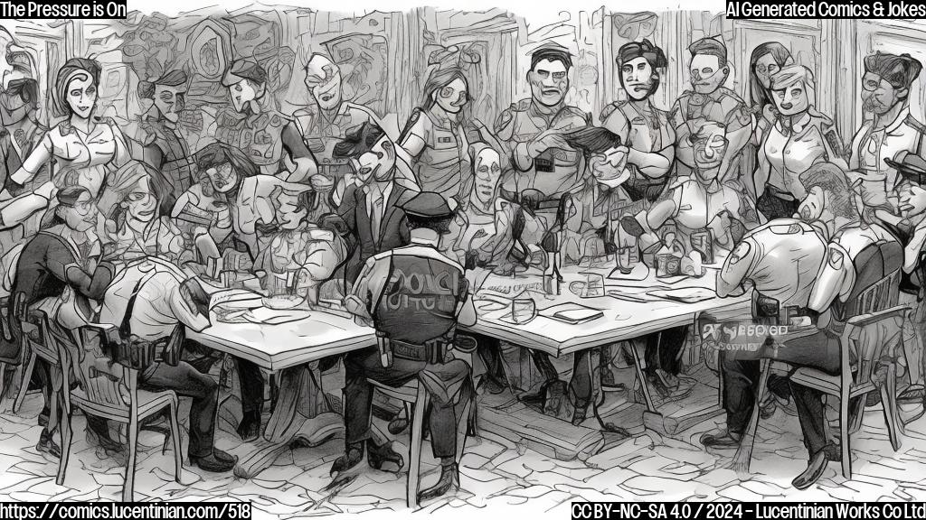 Draw a cartoon-style image of a group of people, all with slightly different variations of facial features and hairstyles, gathered around a table where one person is being scolded by a police officer. The background should be a sunny Sunday afternoon setting, possibly with a park or campus scene. Include a few subtle hints at the "bronzer" controversy, such as a few faint streaks on some of their skin.