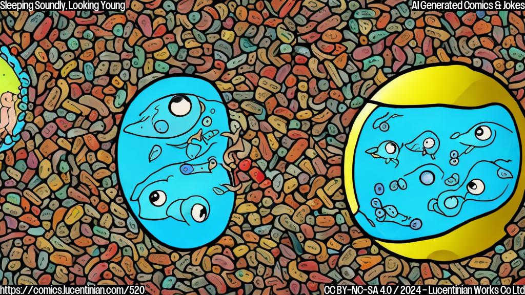 Draw a cartoon of a pill with a thought bubble, surrounded by two fish and a droplet of water, with a person sleeping in the background. The pill should have a smiling face, and the fish should be wearing sunglasses. The droplet of water should have a small smile on its surface.