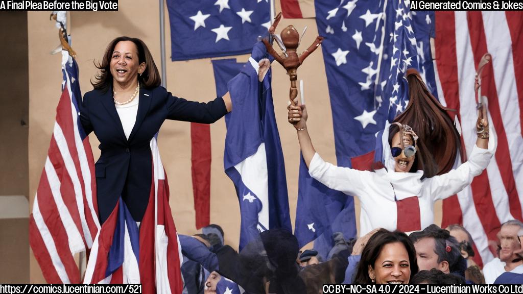 Draw a simple cartoon of a person (representing VP Kamala Harris) standing on top of a podium, with a confident expression and a ladder behind them. The podium should have a megaphone on it and be surrounded by American flags.