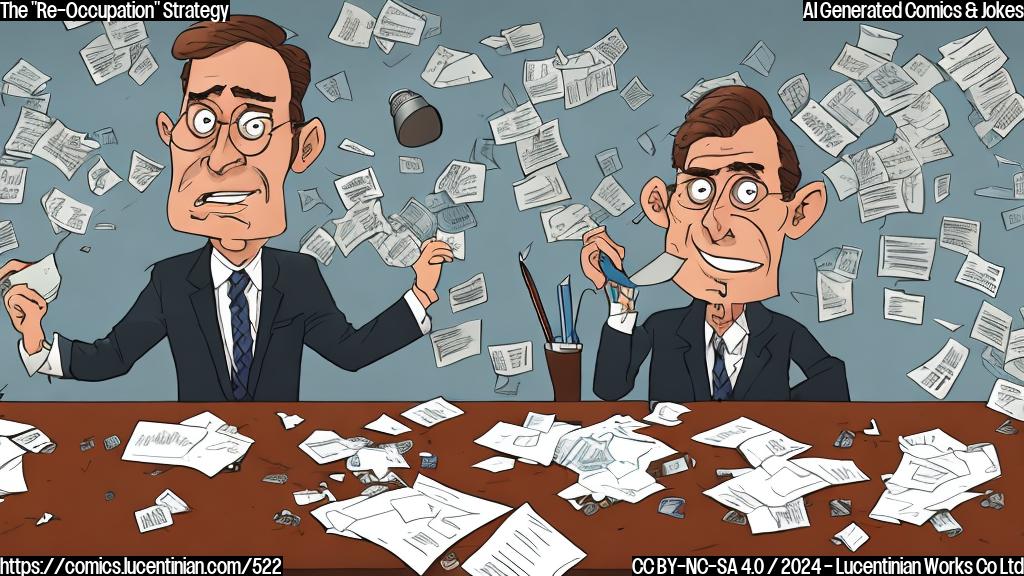 a cartoon of a person in a suit and tie sitting behind a desk, with a confused expression on their face, surrounded by papers and pens, with a hint of chaos and disruption in the background. The person is labeled as "Steve".