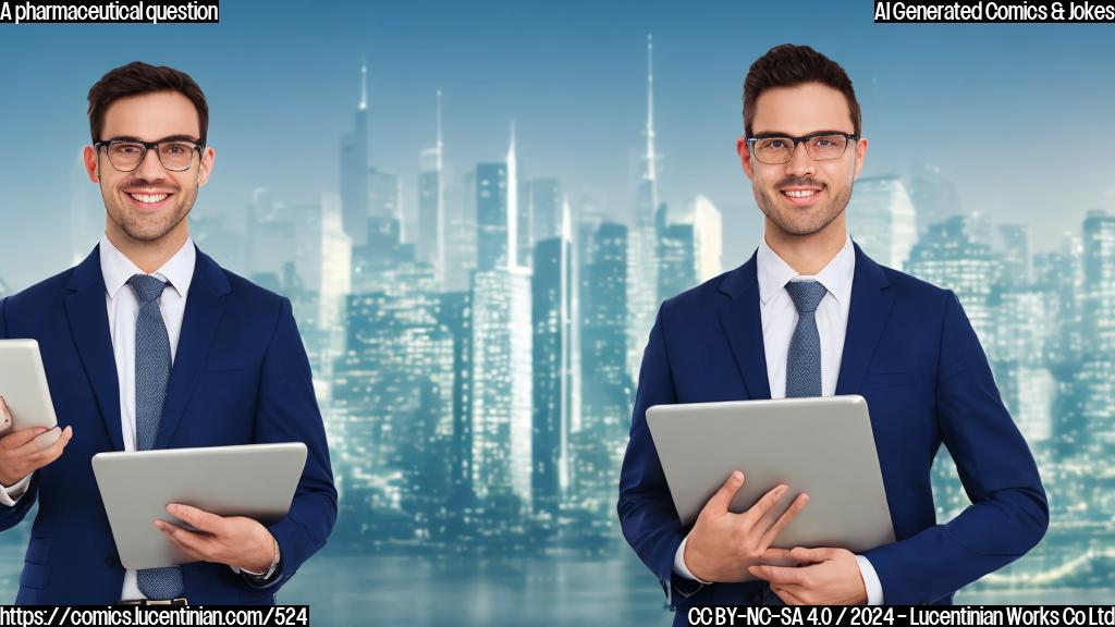 A smiling pharmaceutical executive with a confident expression, surrounded by tablets and a briefcase, standing in front of a city skyline with a subtle background of financial charts.