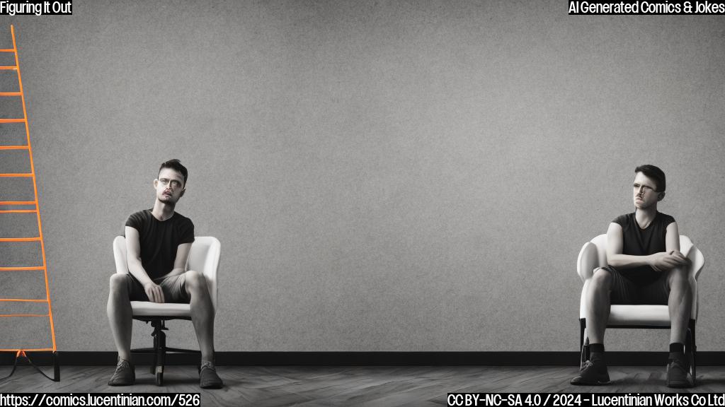 A young adult sitting on a therapist's couch, with a ladder leaning against the wall behind them. The ladder has rungs labeled with emotions such as "Fear", "Anxiety", and "Hope". The person is looking determined and ready to climb up the ladder to overcome their emotional struggles.