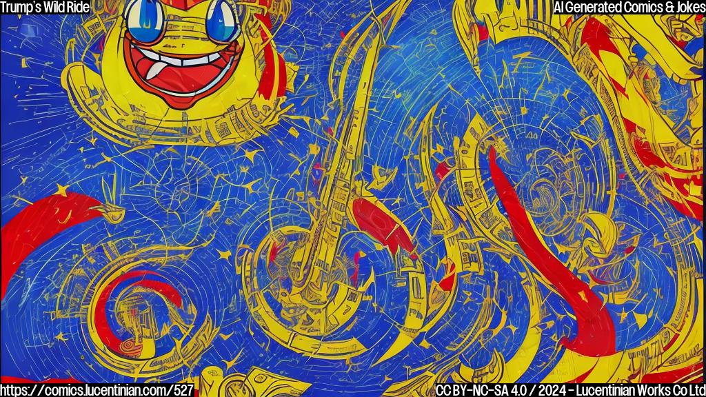 A cartoon of a stock market chart with a trumpet sound wave, with a big smile on a DJT logo, and a few charts going up and down wildly in the background. The whole thing is in bright colors, with bold lines and exaggerated features.