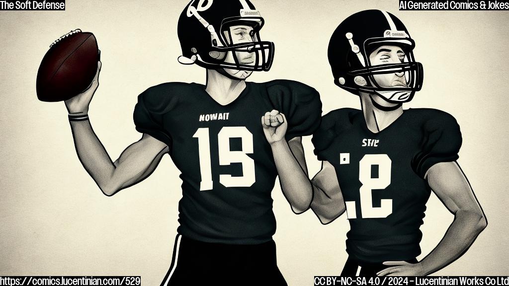 Draw a cartoon-style picture of a football player with a pillow under his arm, wearing a helmet and holding a football. The pillow should be depicted as having a defensive line logo on it. The background should be a blurred football field with players in the distance.