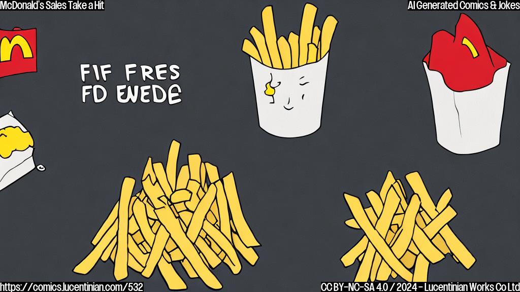 A cartoon of two fries, one looking happy and relaxed on a couch, while the other is wrapped in a bandage, holding an ice pack and looking worried. The fries should be designed to resemble the iconic McDonald's fries.