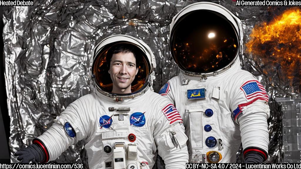 A cartoon-style image of an astronaut with a worried expression, holding a heat shield with a melting face, and standing in front of a furnace-like background.