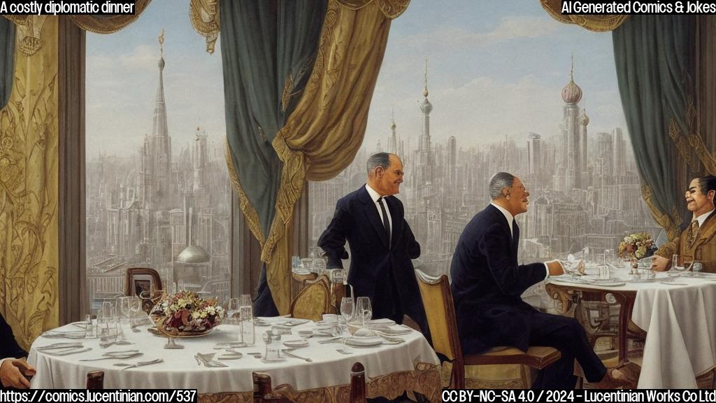 Draw a cartoon of two dignified-looking men in formal attire sitting across from each other at a restaurant table, with a large check awaiting them. The foreign minister is holding a napkin to wipe away tears, while his counterpart is laughing and gesturing wildly. In the background, a cityscape of Moscow can be seen through the window, with a subtle hint of Russian architecture and culture.