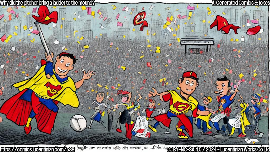Draw a cartoon of a baseball player holding a ladder on the pitcher's mound, with a bright smile and a superhero cape flowing behind him, surrounded by cheering crowds and confetti.