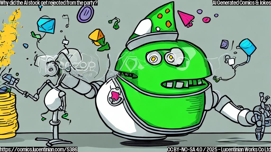 A cartoon drawing of a simple sad-looking green robot wearing a party hat, with speech bubbles: one saying "overvalued" and the other "server crash", plain color background