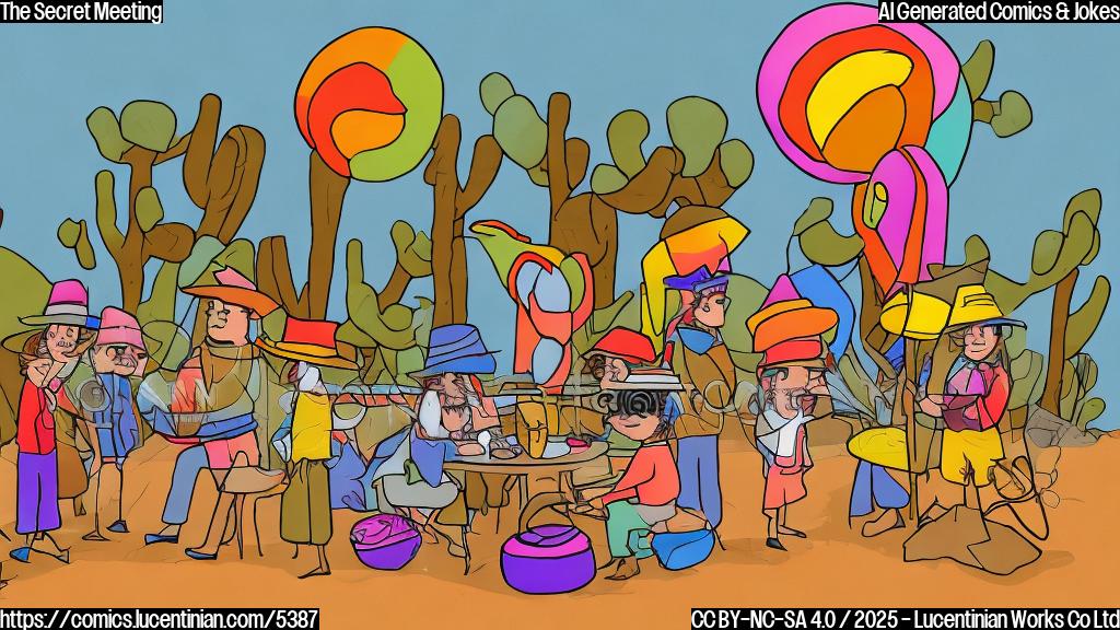 A cartoon drawing of a group of spies in simple color scheme, wearing simple outfits and hats, gathered around a table in a secluded desert oasis. One spy holds a large colorful piñata. The background is a minimalist representation of the desert.