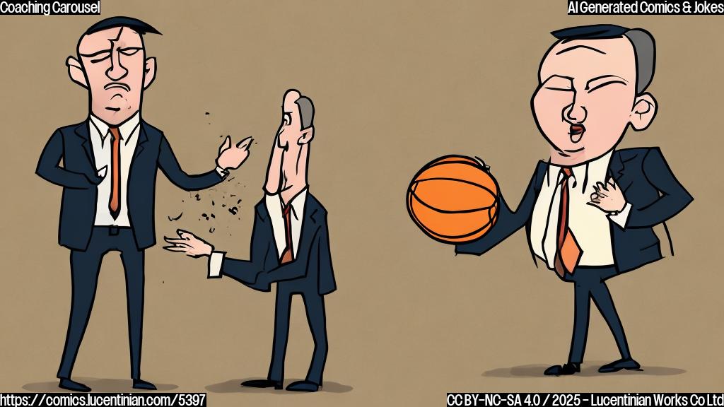 A simple cartoon of a frustrated coach in a suit, with a basketball in a crumpled paper bag.  Use only solid colors, no shading or gradients. The background should be a plain light beige color. The coach should be light orange/peach and the paper bag should be dark brown.