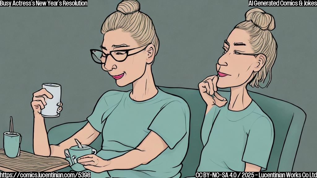 A cartoon drawing of a woman in her 40s, with blonde hair tied in a bun, wearing a casual, comfortable outfit, sitting on a couch, sipping tea and watching TV with a relaxed expression. The background should be a simple plain color of light green, and the drawing style should be simple, without much detail.