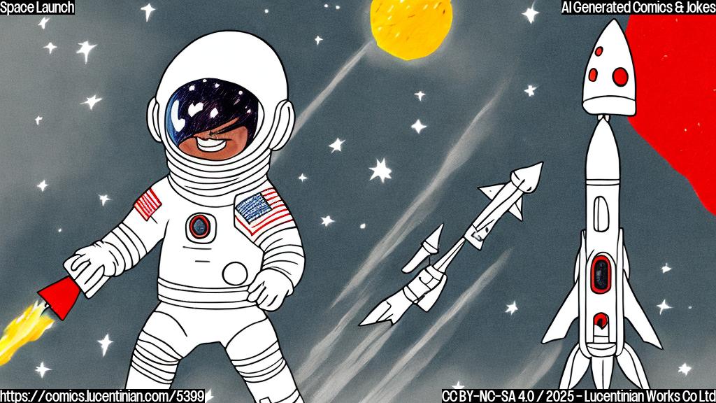 A cartoon drawing of a simple astronaut in a plain white space suit with a red helmet standing in front of a rocket that is simple rocket with fire going out of the bottom on a plain white background.