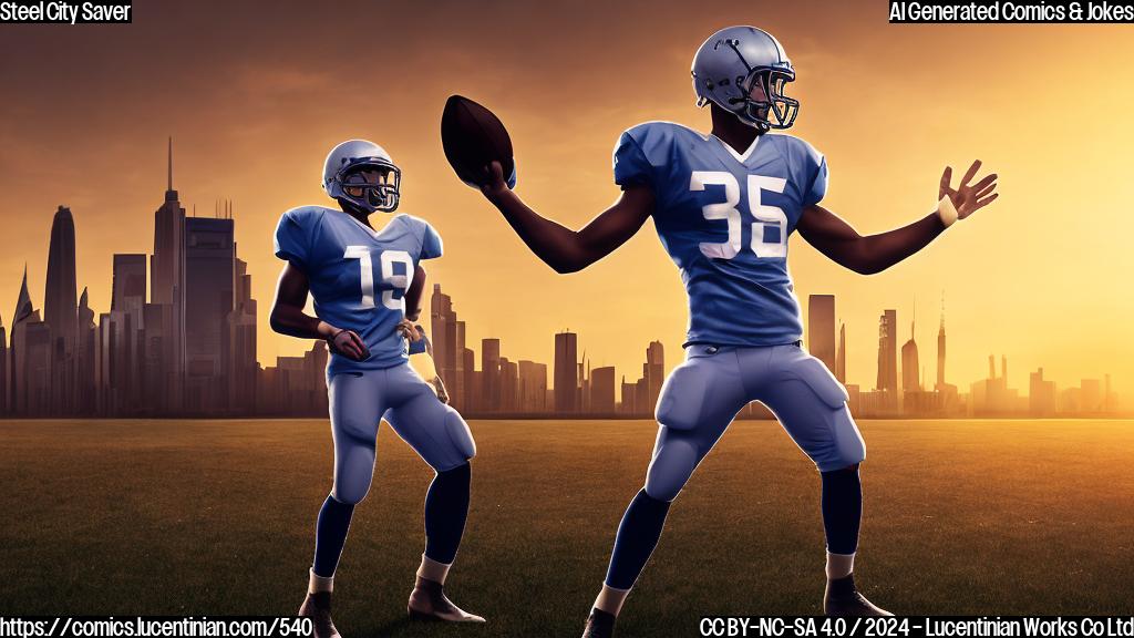 Illustrate a cartoon of a football player in a steel-toed boot, wearing a somber expression with a faint shield symbol on their chest, standing in front of a city skyline at sunset. The background should feature a blurred image of a football field with a scoreboard showing 26-18.